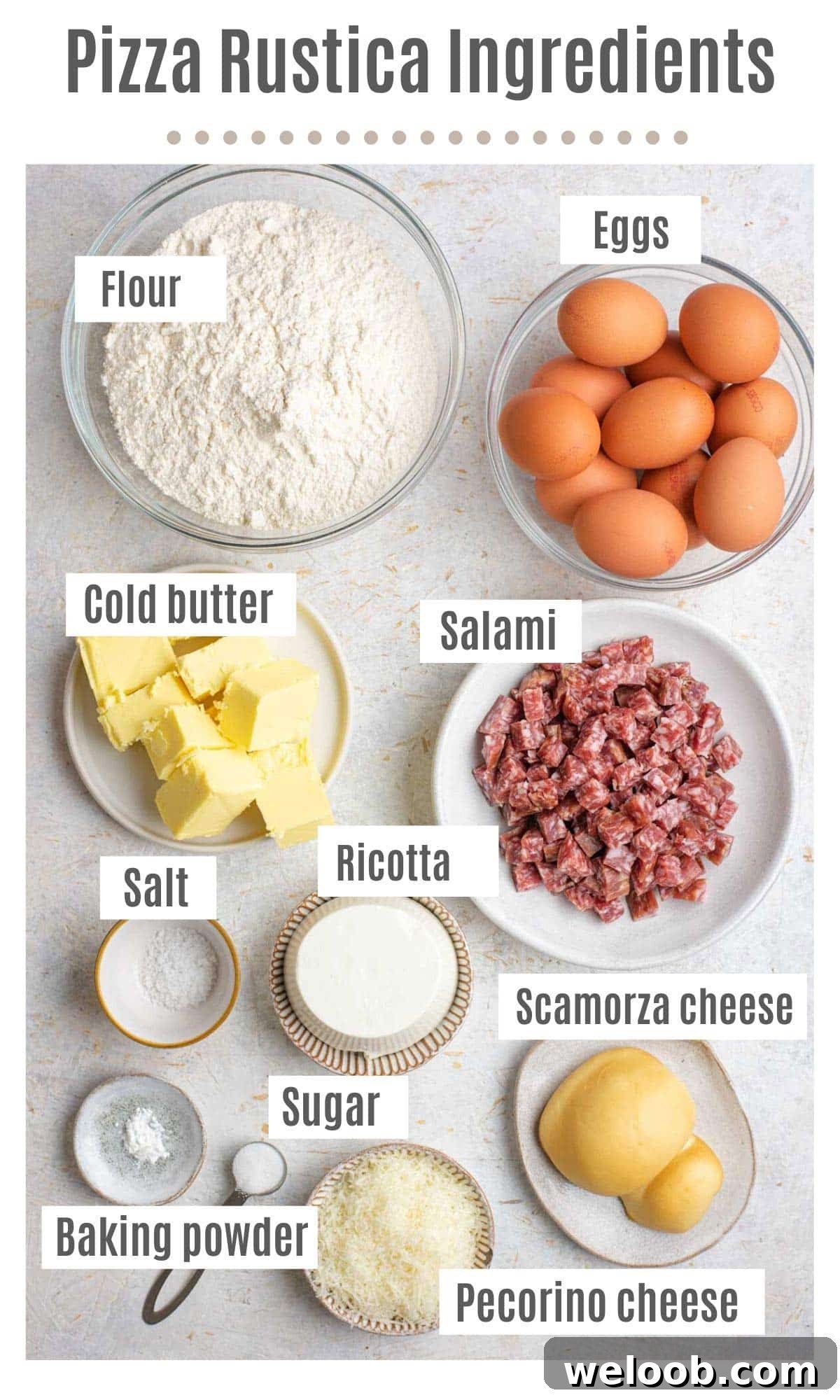 An overhead shot of all the ingredients you need to make Pizza Rustica