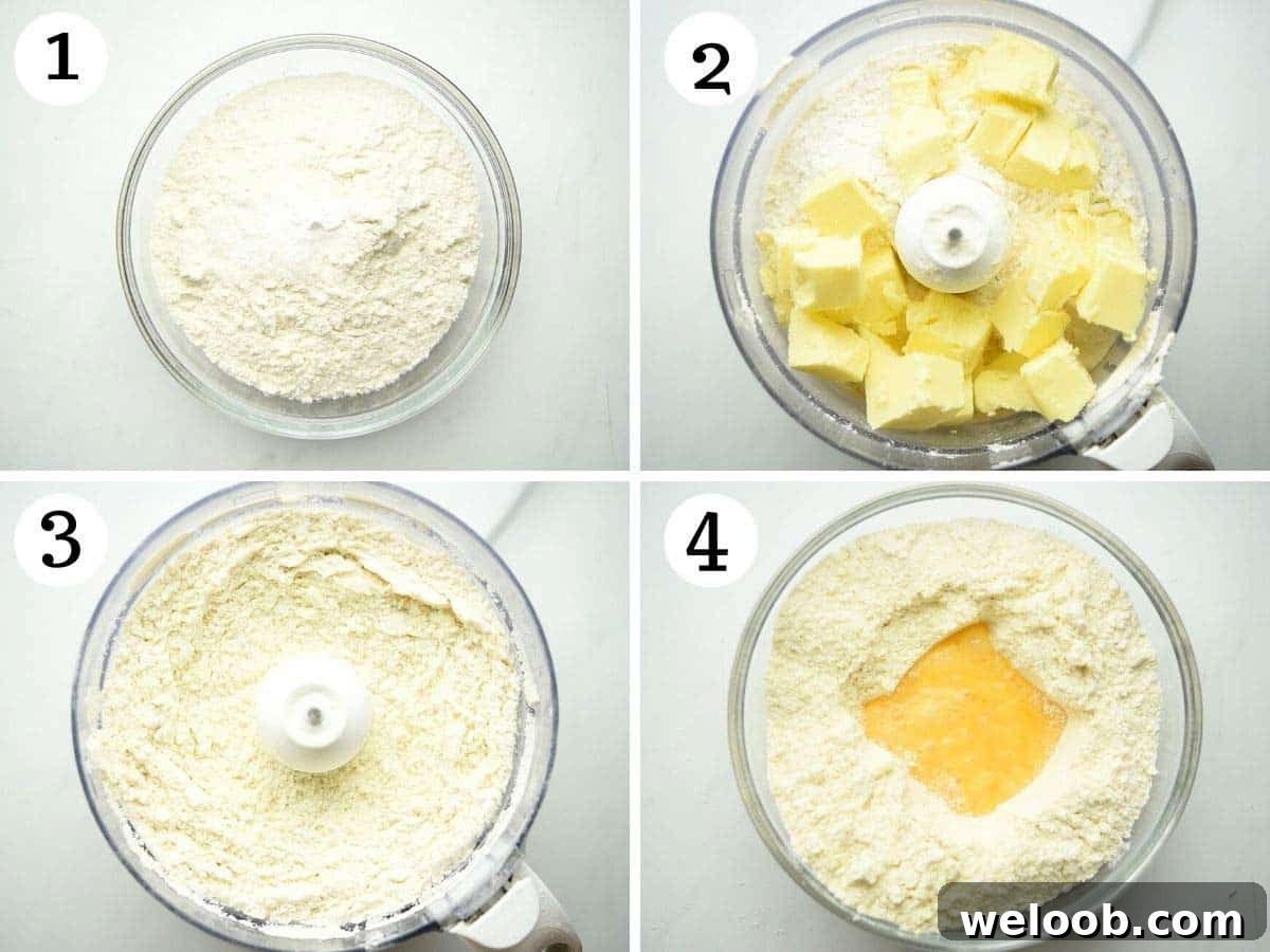 Step by step photos showing how to make pastry in a food processor