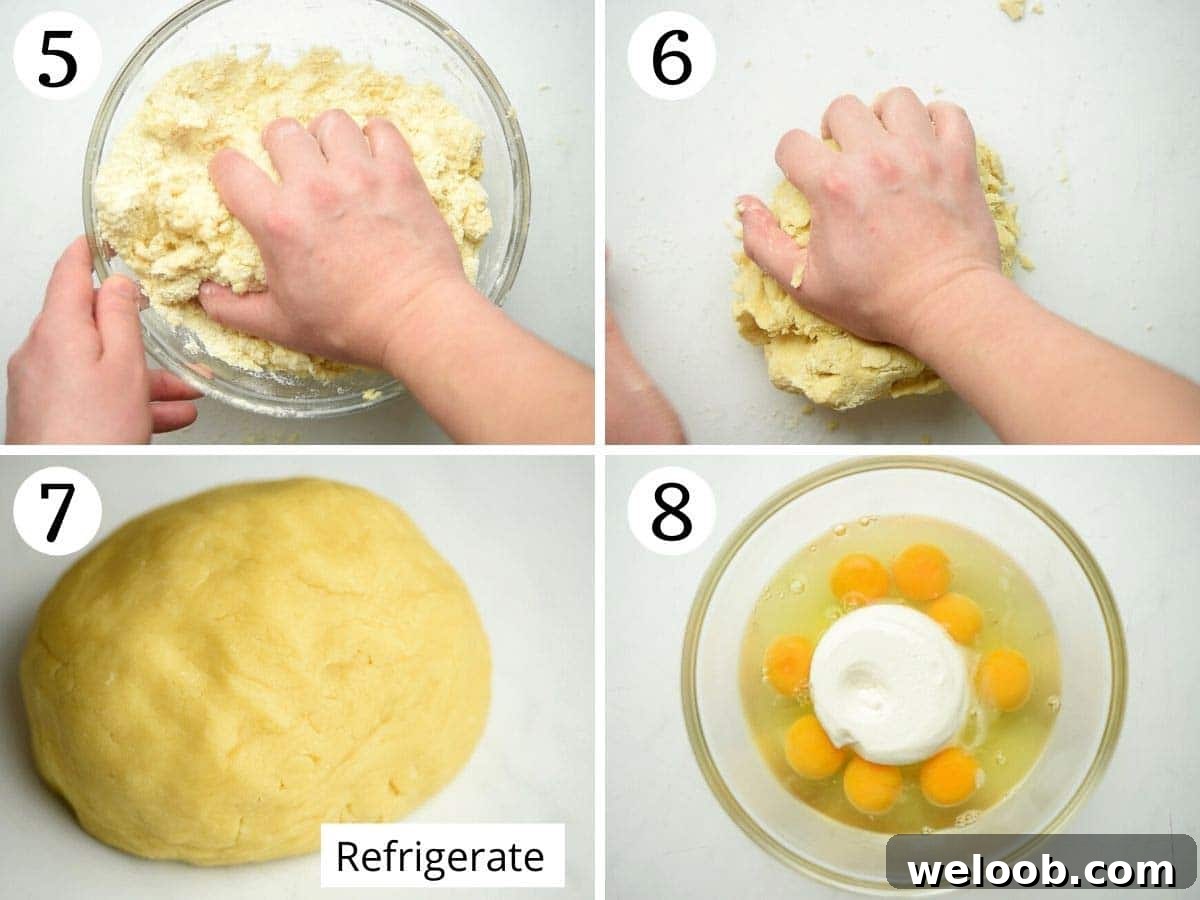 Step by step photos showing how to knead pastry dough