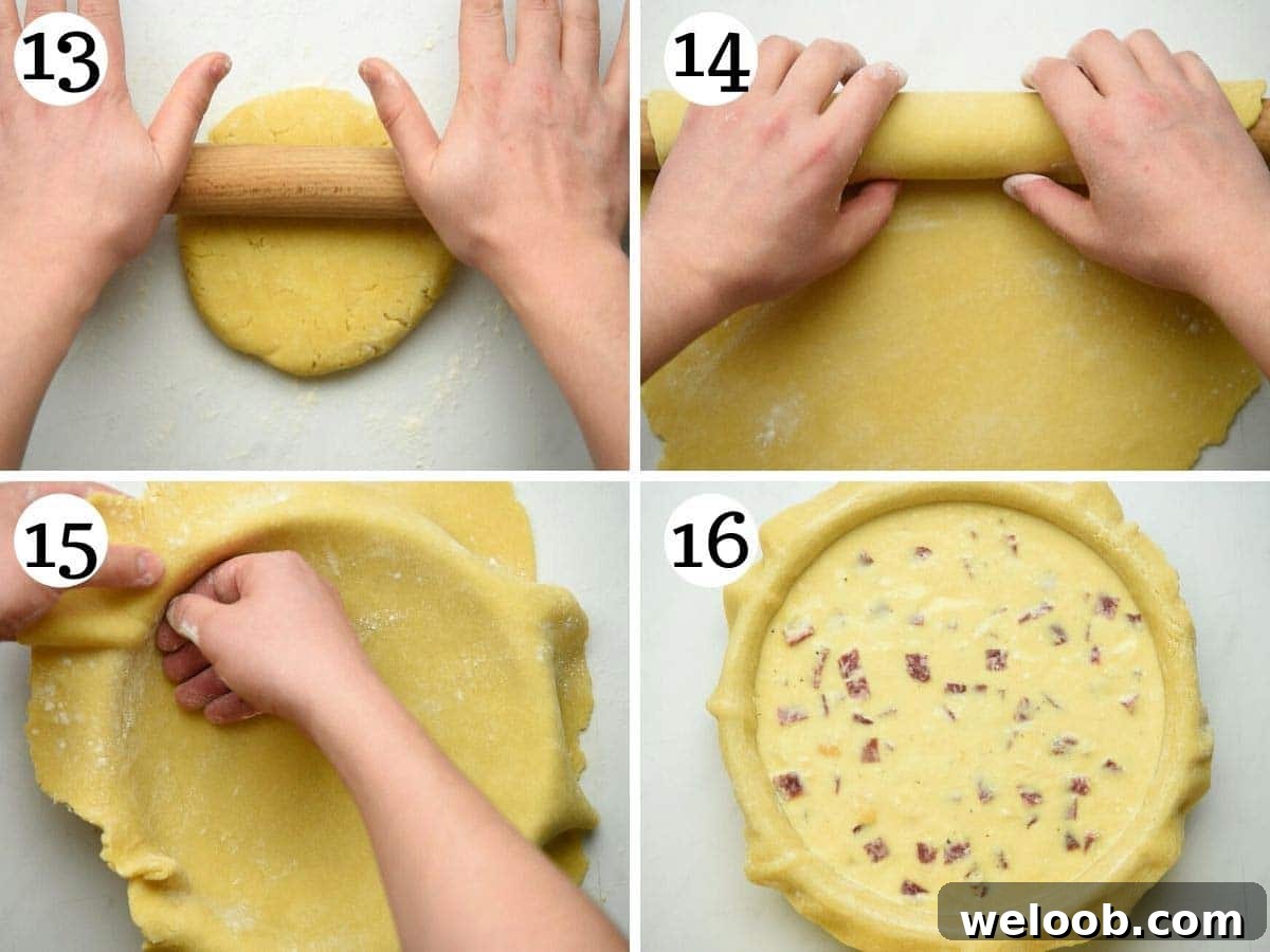 Step by step photos showing how to roll out pastry to line a pie pan