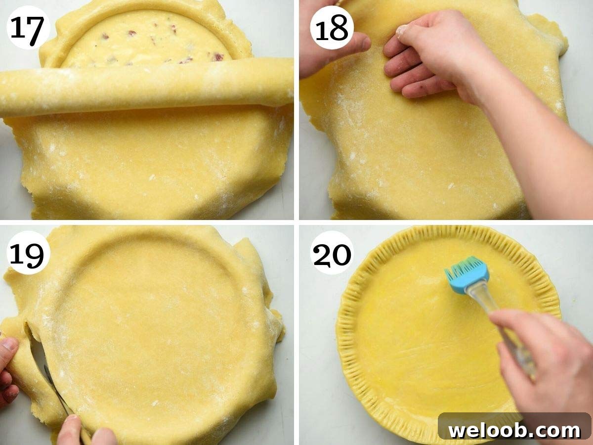 Step by step photos showing how to fill and seal an Italian Easter pie ready for baking