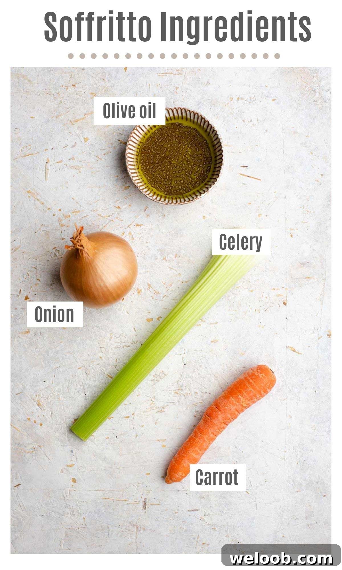 An overhead shot showing all of the ingredients you need to make Italian soffritto