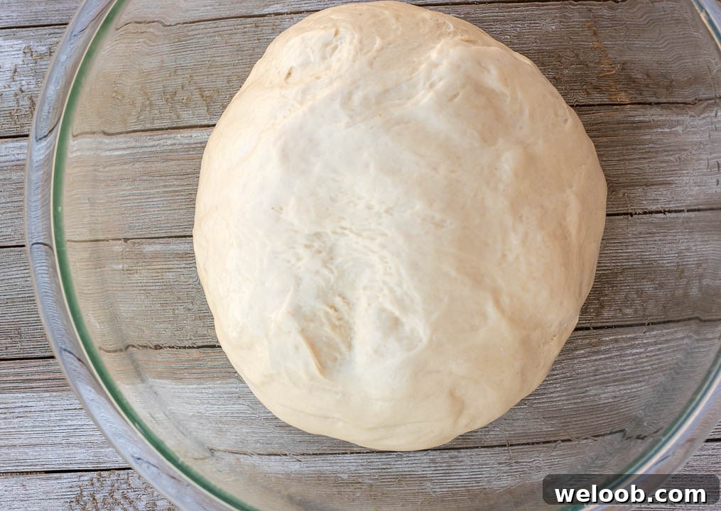 Sandwich bread dough in a mixing bowl.