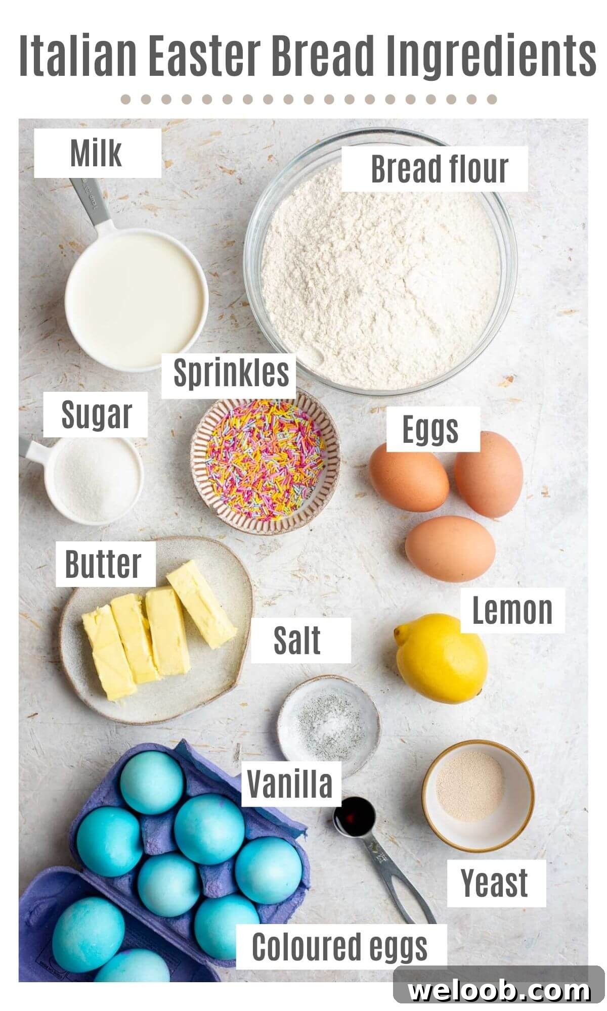 An overhead shot of all the ingredients you need to make Italian easter bread