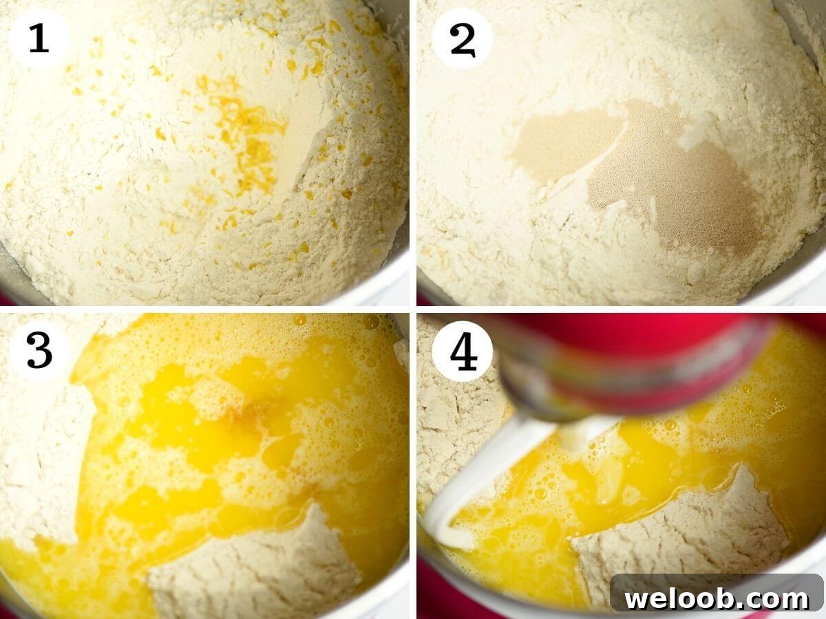 Step by step photos showing how to mix dry and wet ingredients together