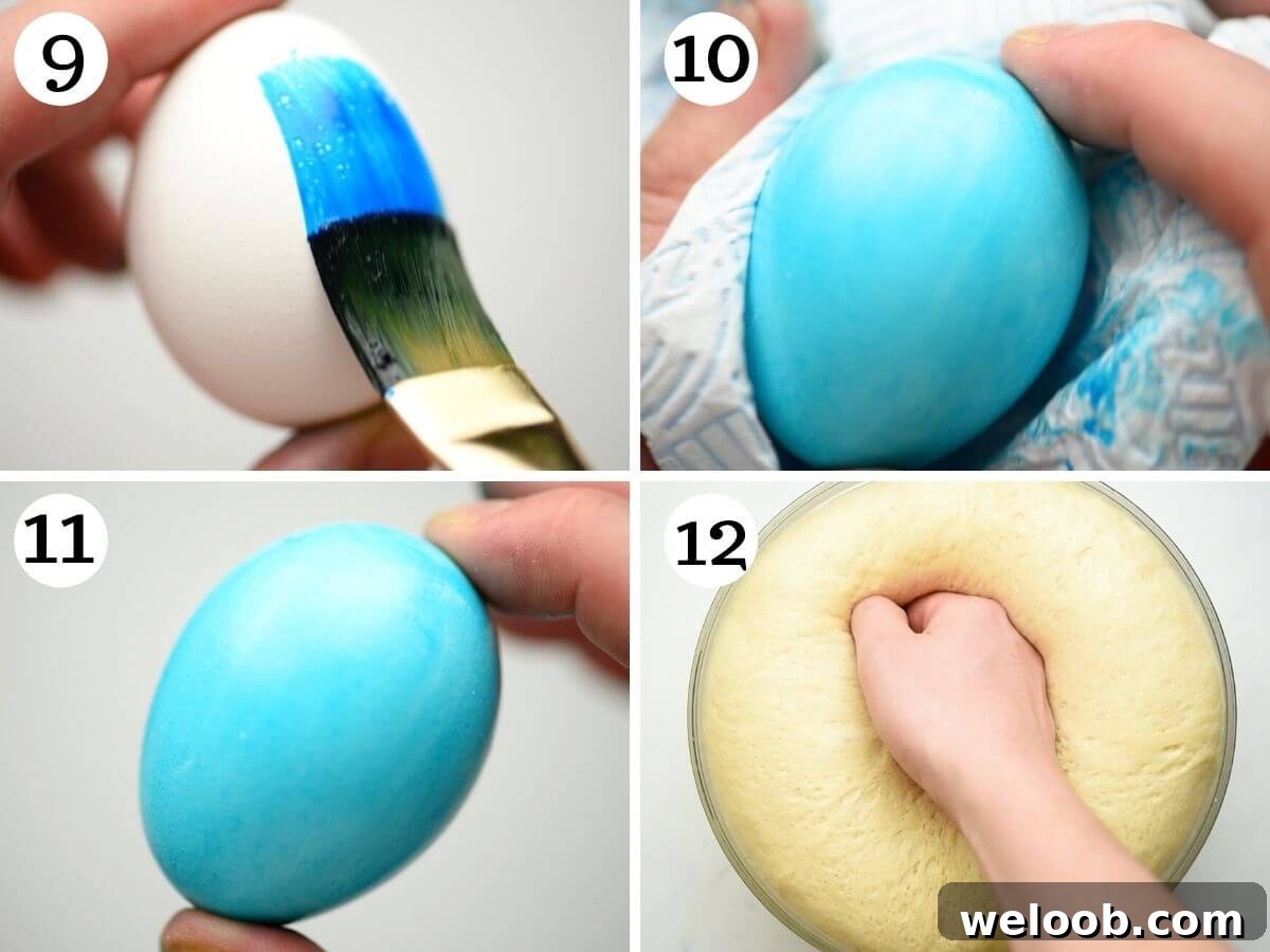 Step by step photos showing how to paint eggs with food colouring