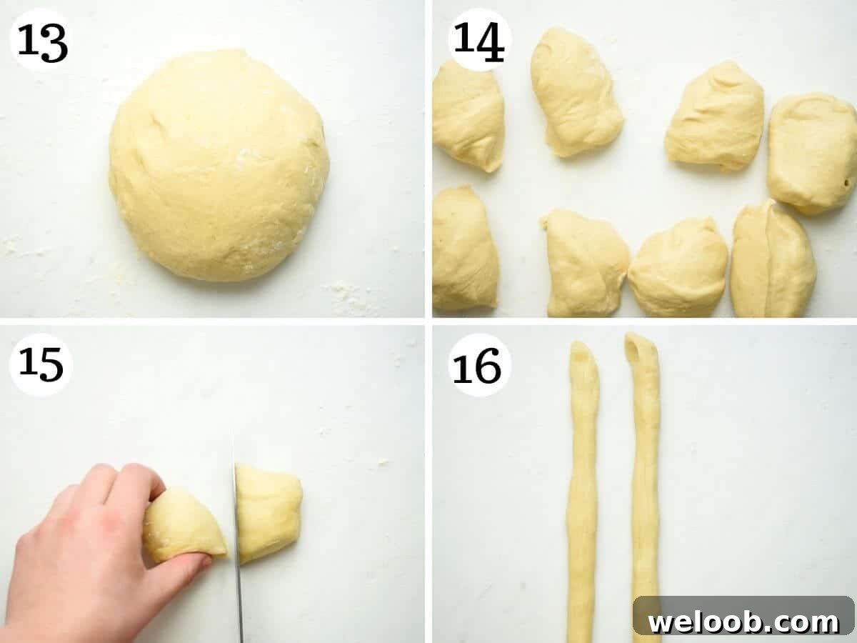 Step by step photos showing how to cut Italian Easter bread dough into portions