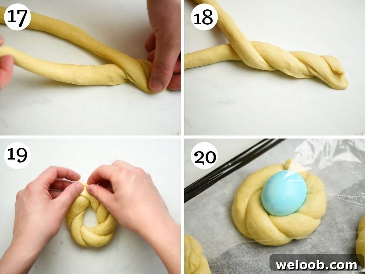 Step by step photos showing how to shape Italian Easter bread into nests with an egg in the middle
