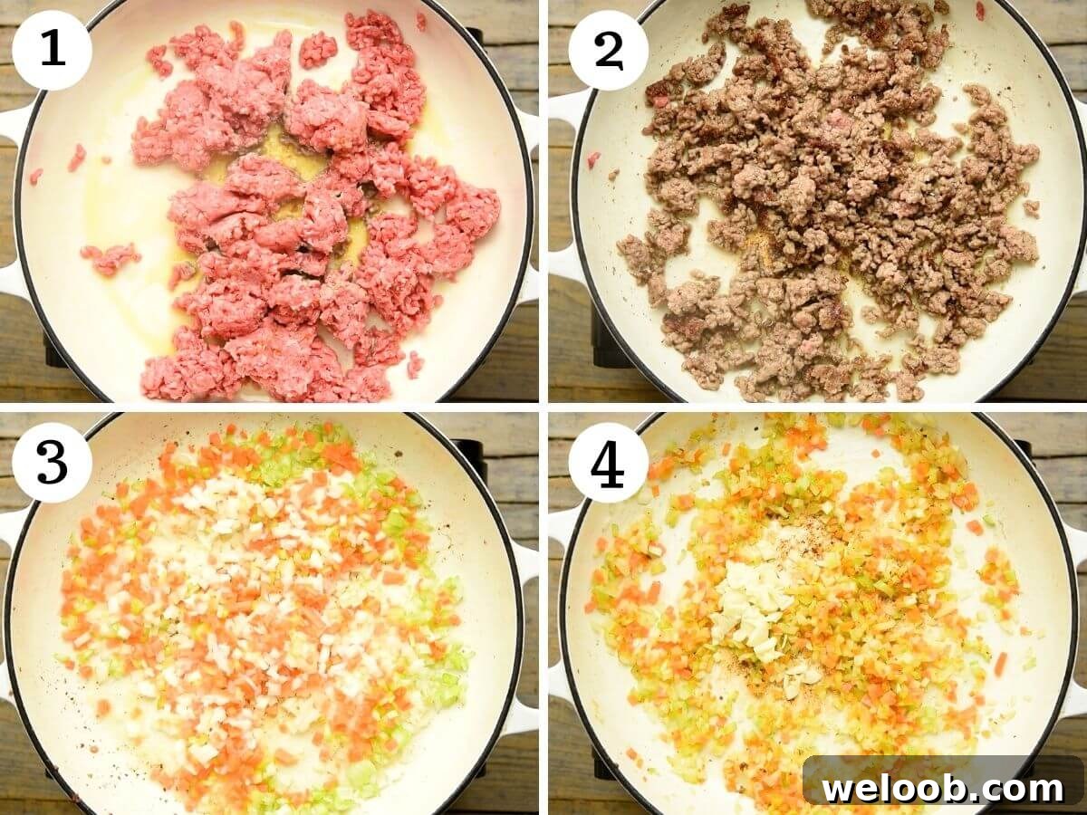 Step by step photos showing how to brown lamb and saute vegetables