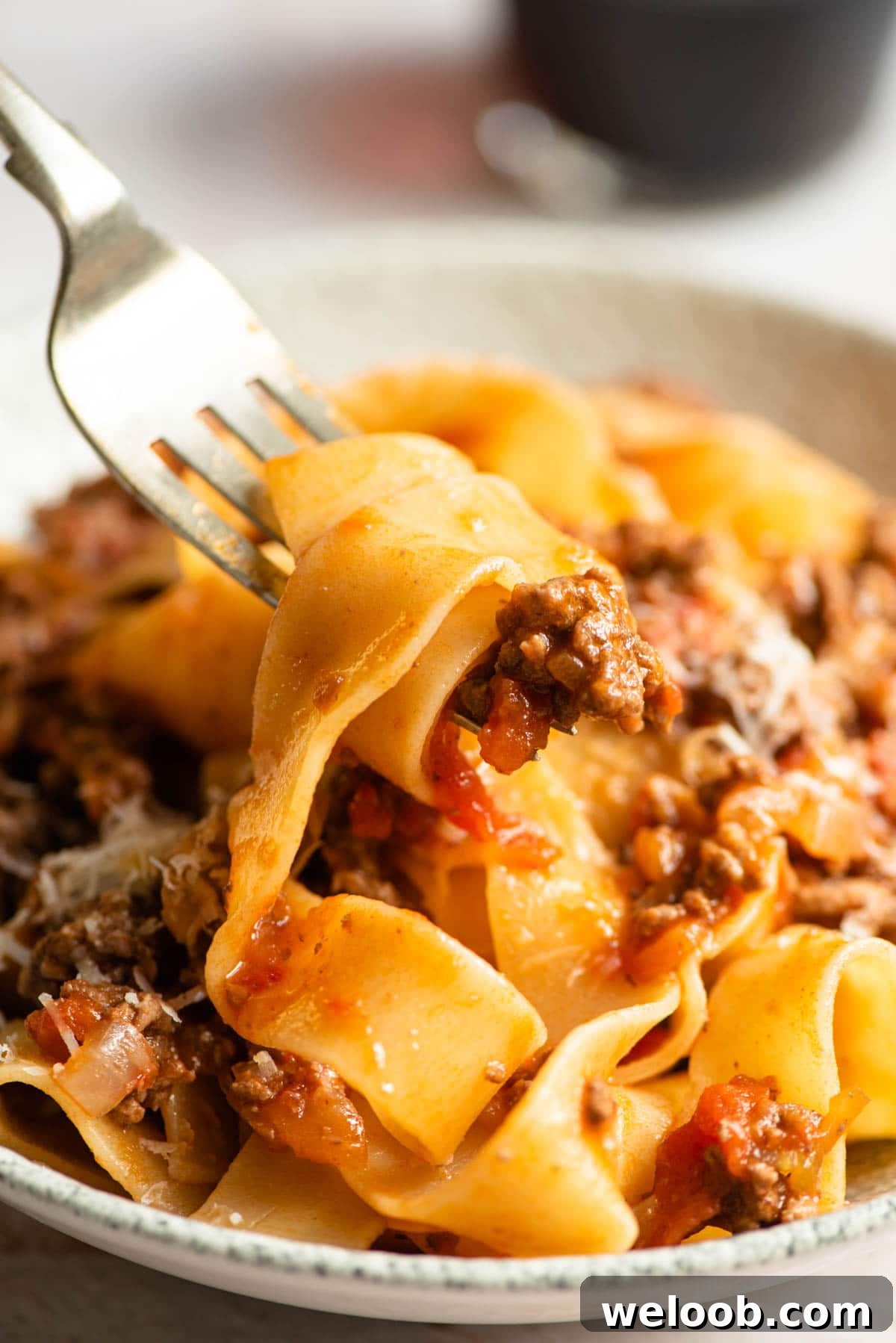 A close up of lamb ragu and pappardelle pasta on a fork