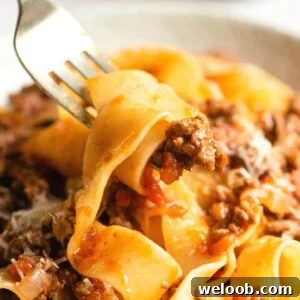 A close up of lamb ragu and pappardelle pasta on a fork