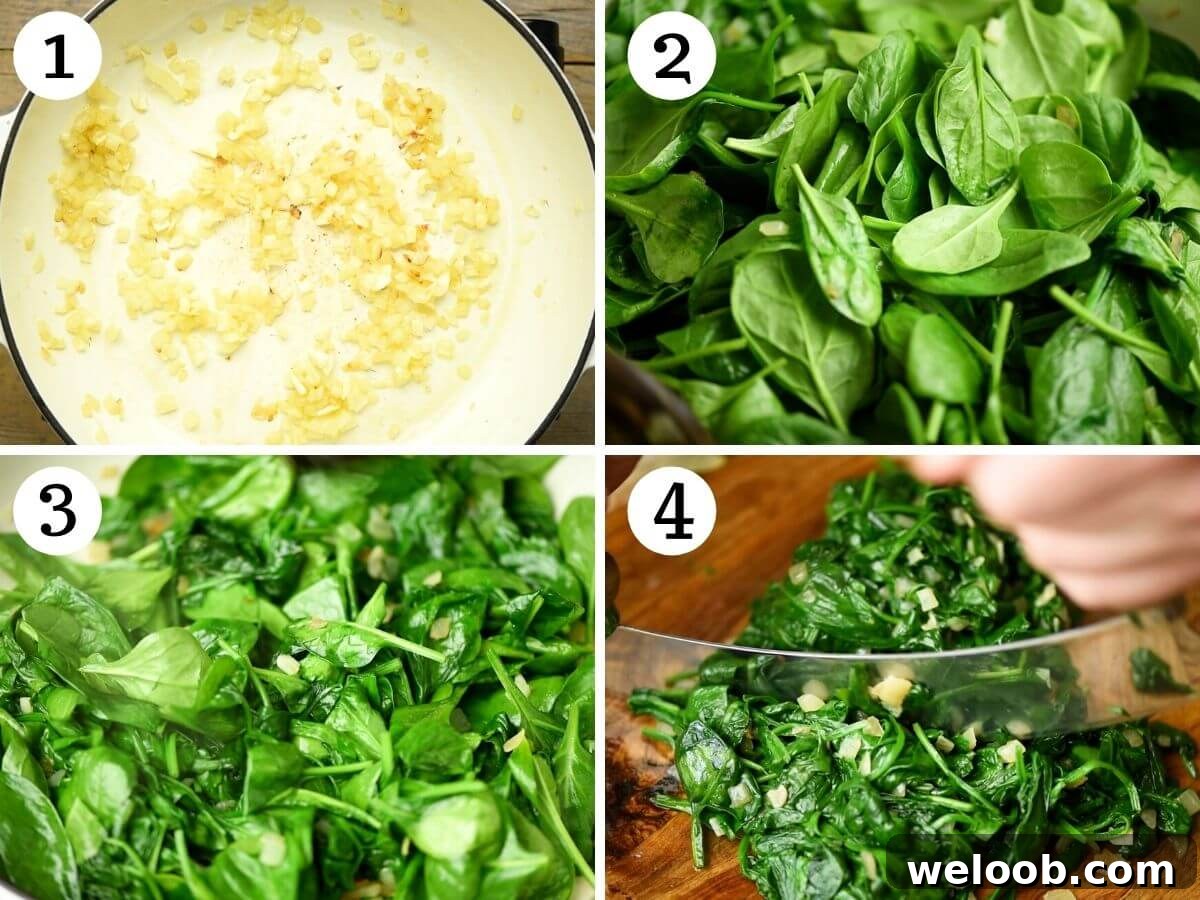 Step by step photos showing how to saute spinach, onion and garlic