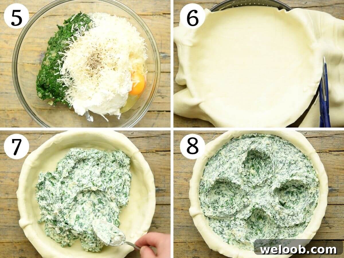 Step by step photos showing how to fill torta pasqualina with a spinach and ricotta filling