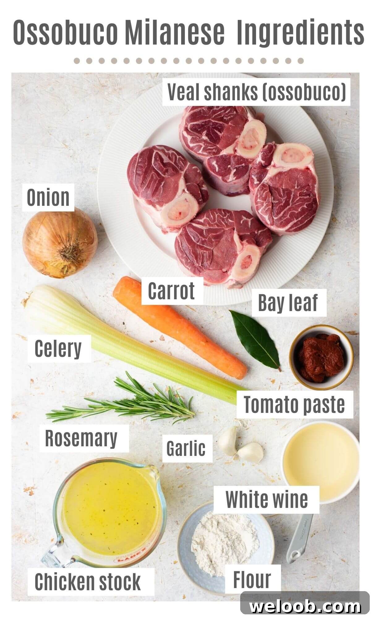An overhead shot of all the ingredients you need to make Ossobuco Milanese with veal