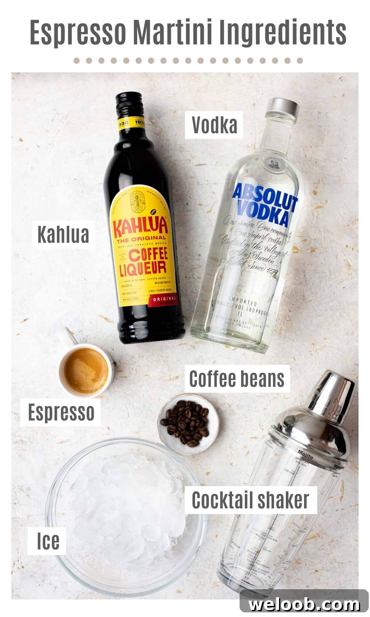 An overhead shot of all the ingredients you need to make an espresso martini