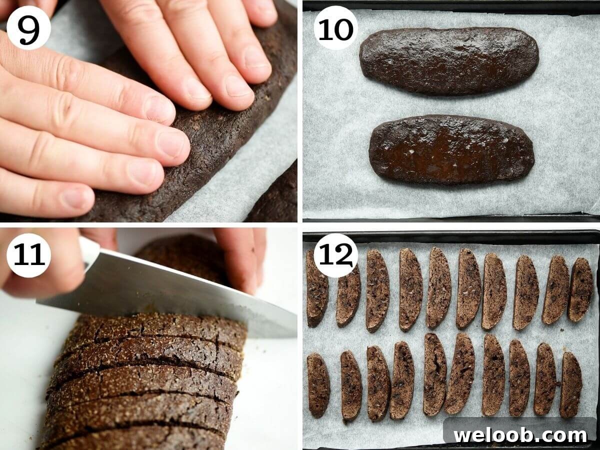 Step by step photos showing how to bake and cut biscotti
