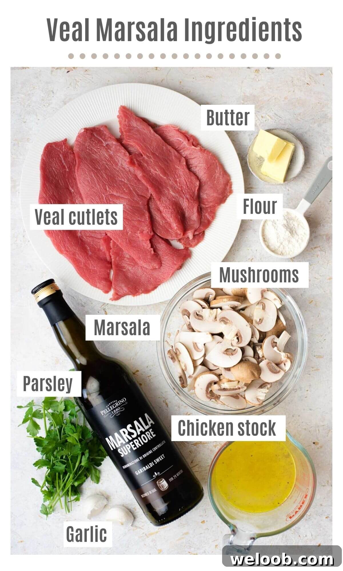 An overhead shot of all the ingredients you need to make veal marsala