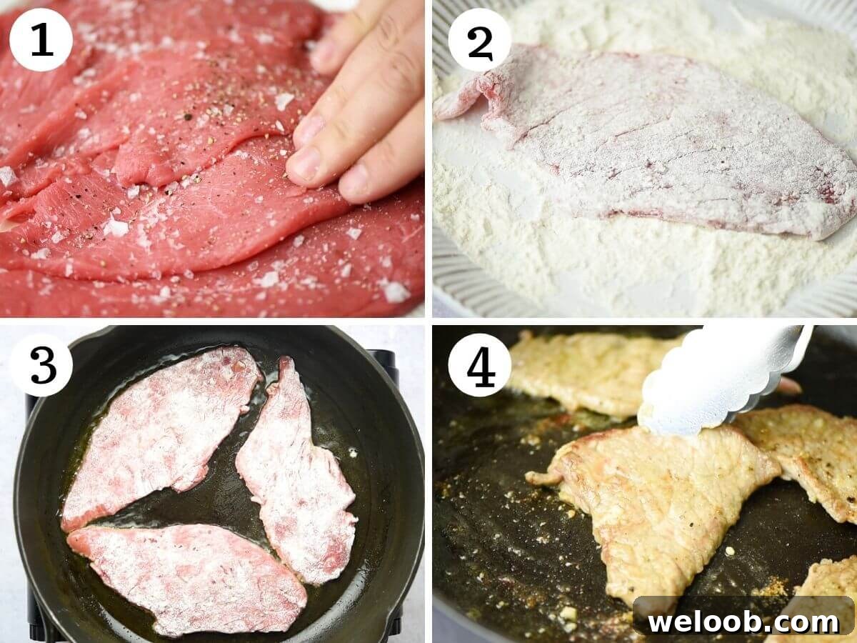 Step by step photos showing how to dredge and brown veal