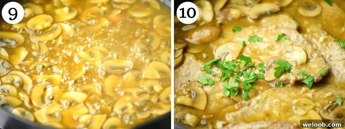 Two photos showing how to thicken the veal marsala sauce