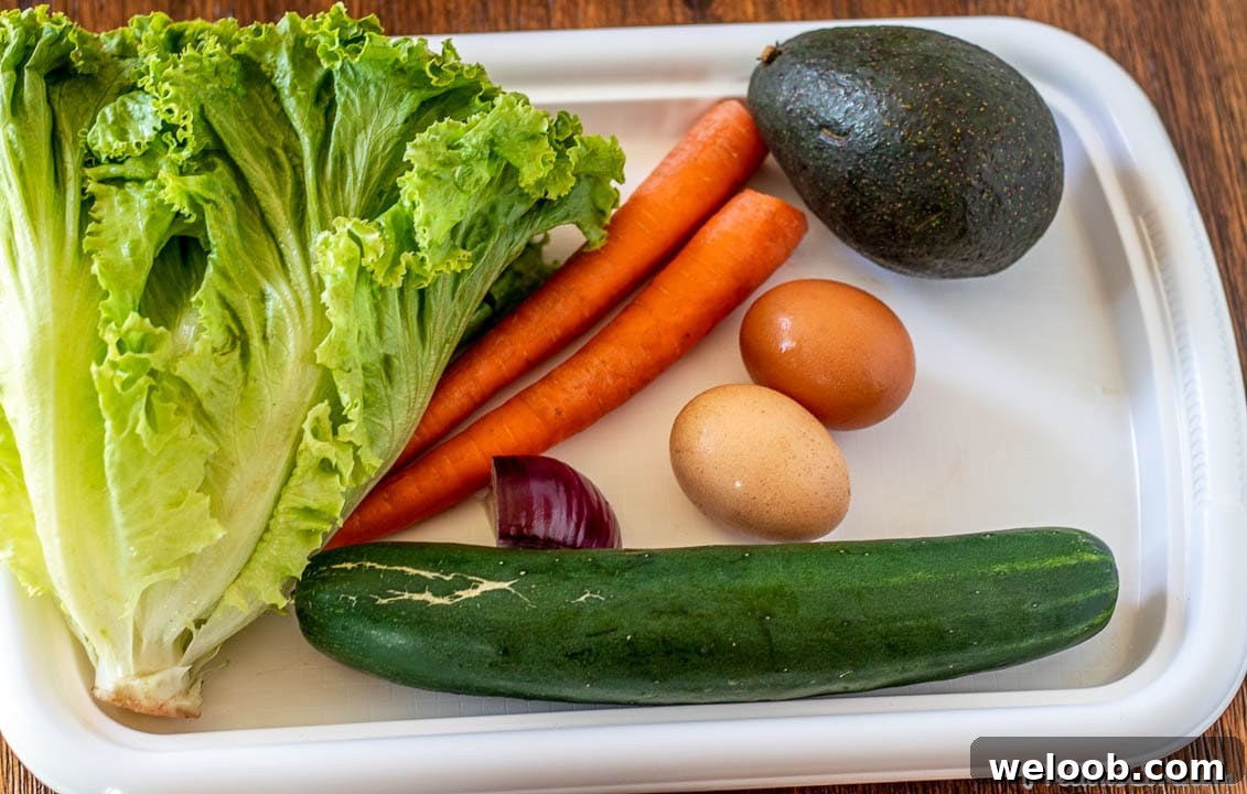 Lettuce, carrots, cucumber, avocado, eggs on a tray.