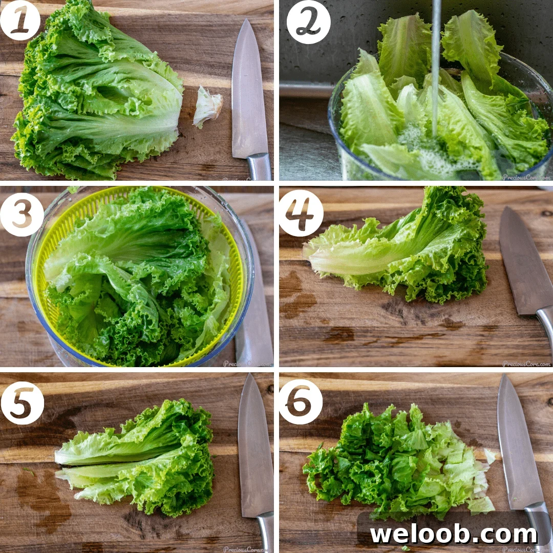 Step but step photos showing how to cut lettuce for salad.