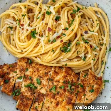 Square image of garlic butter chicken pasta.