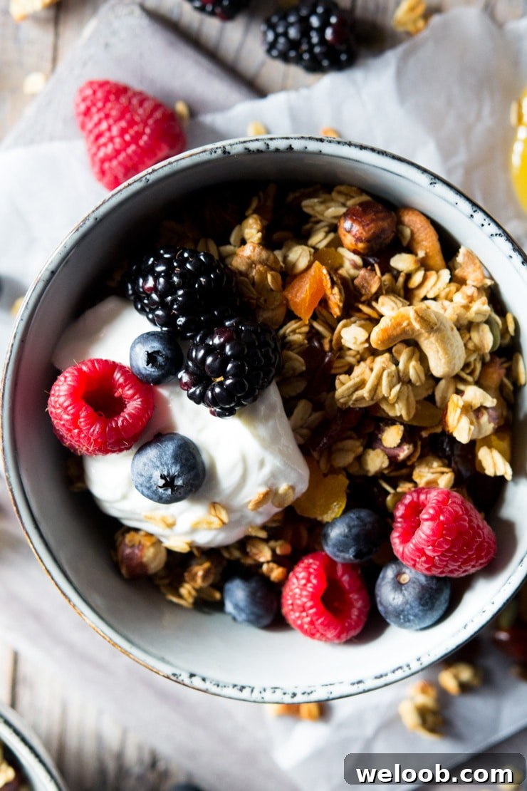 A close up of healthy granola in a blue bowl topped with yogurt and berries