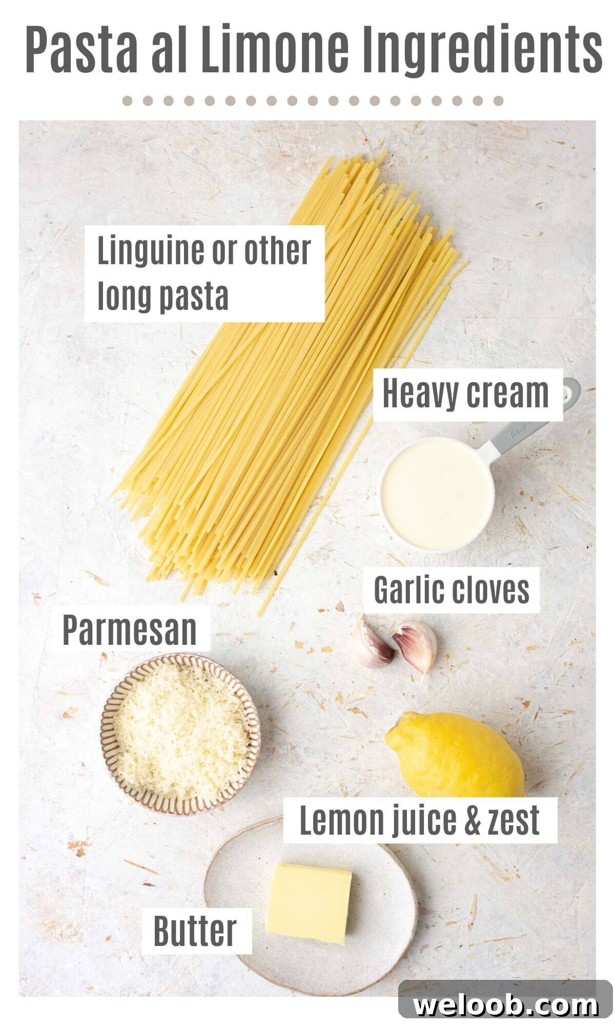 An overhead shot of all the ingredients you need to make pasta al limone