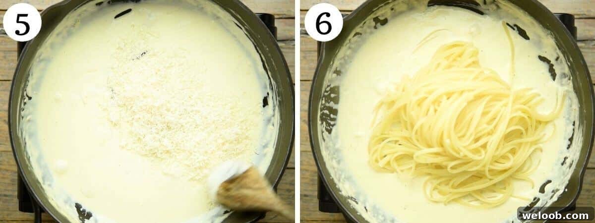 Step by step photos showing how to add pasta to creamy lemon pasta sauce