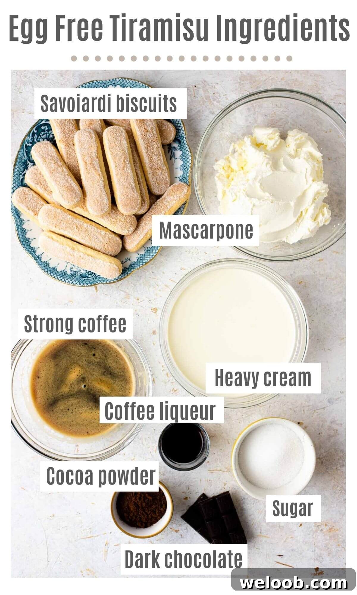 An overhead shot of all the ingredients you need to make egg free tiramisu
