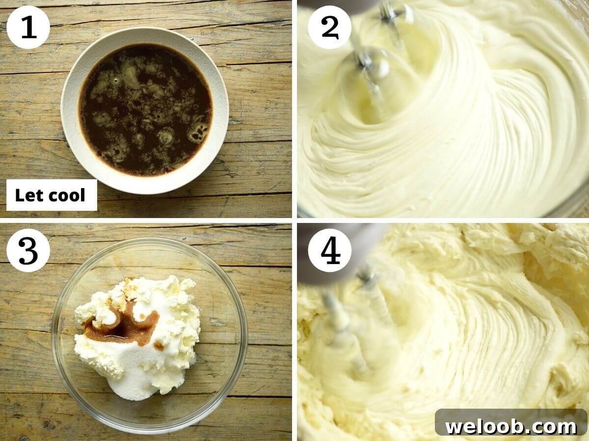 Step by step photos showing how to make the filling for tiramisu