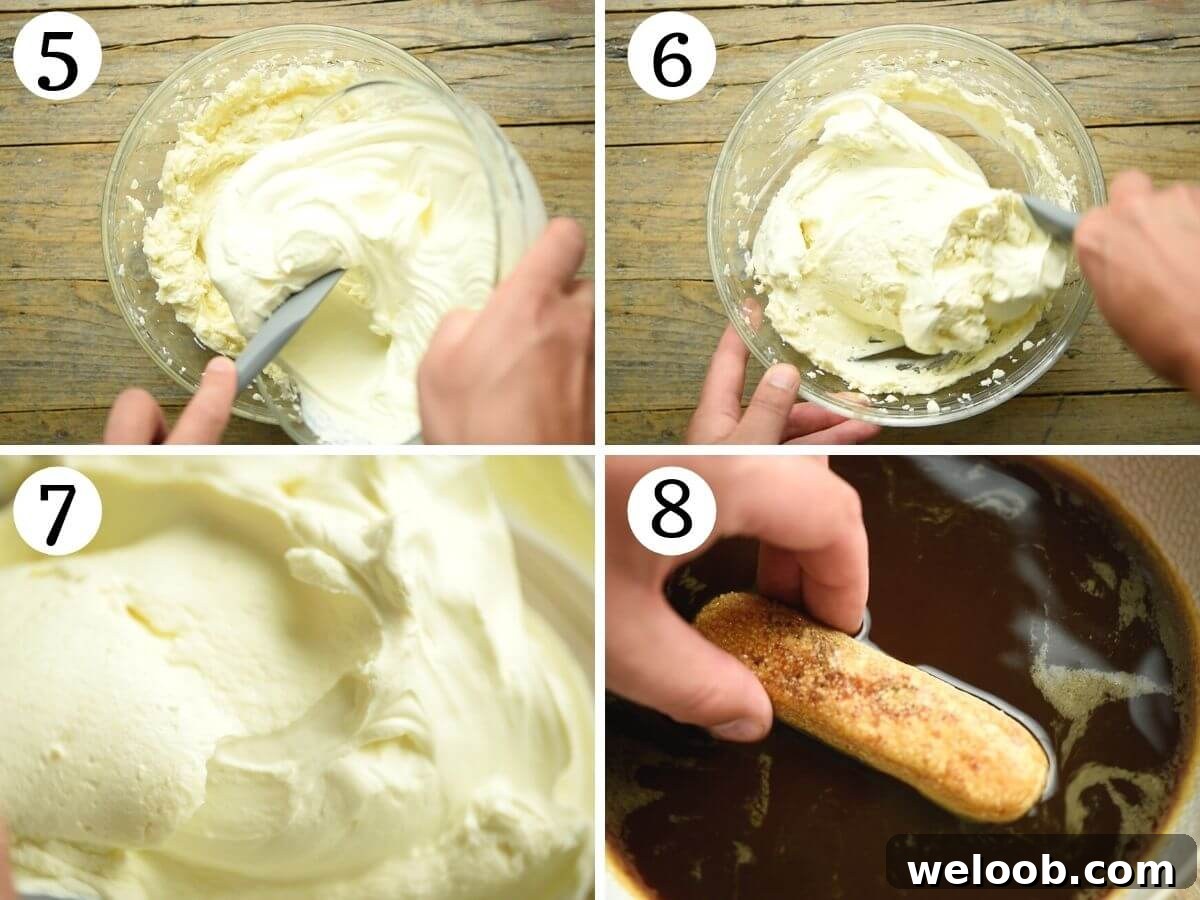 Step by step photos showing how to prepare tiramisu without eggs