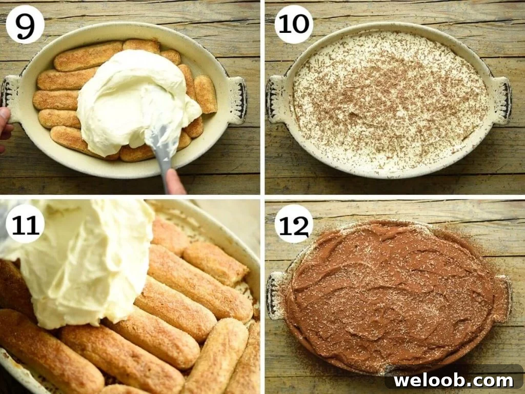 Step by step photos showing how to assemble tiramisu