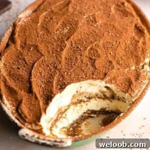 A close up of a dish of tiramisu with a scoop missing