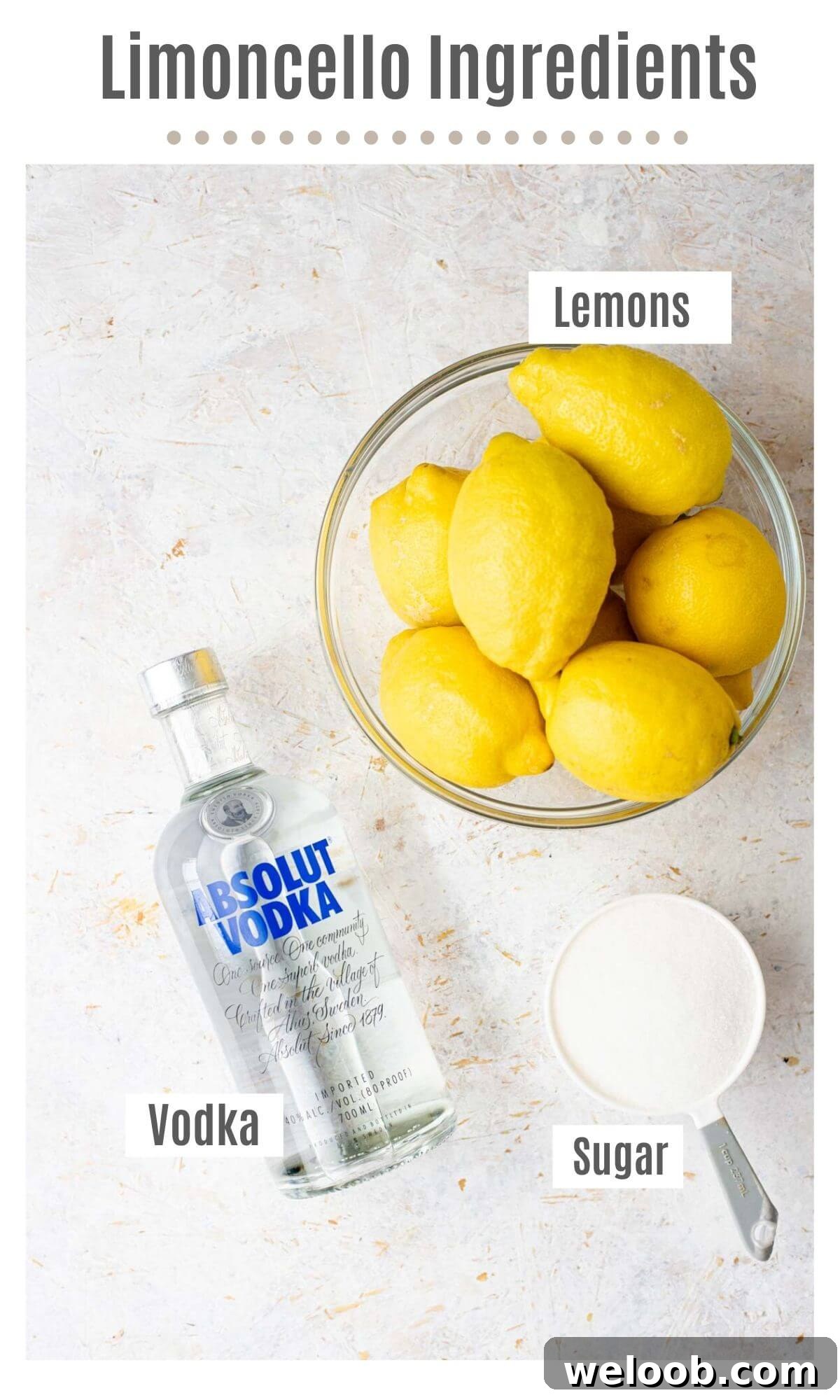 An overhead shot of all the ingredients you need to make homemade limoncello