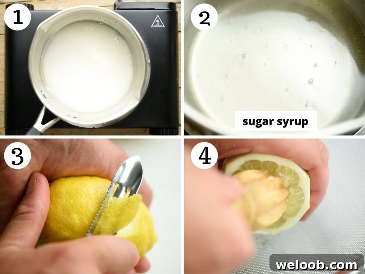 Step by step photos showing how to make sugar syrup and prepare lemons