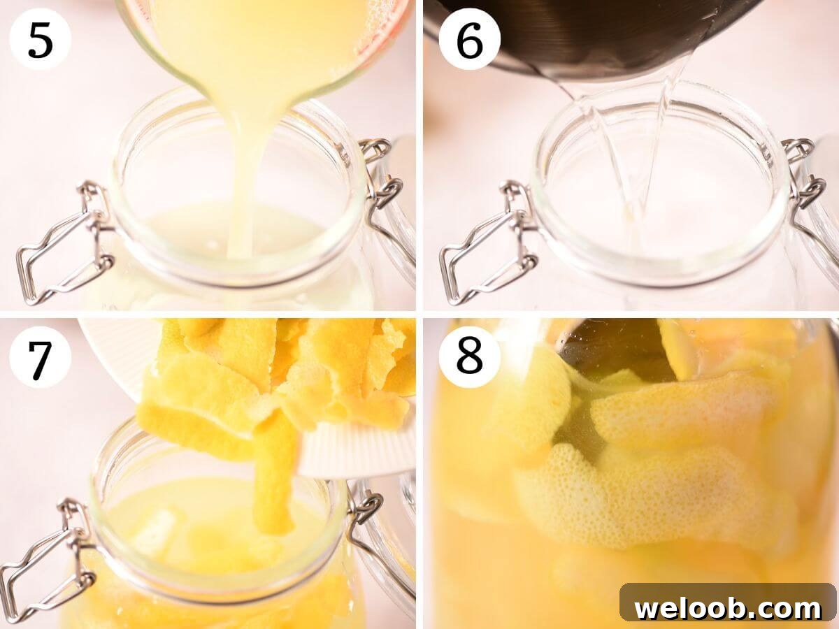 Four photos in a collage showing how to make limoncello.