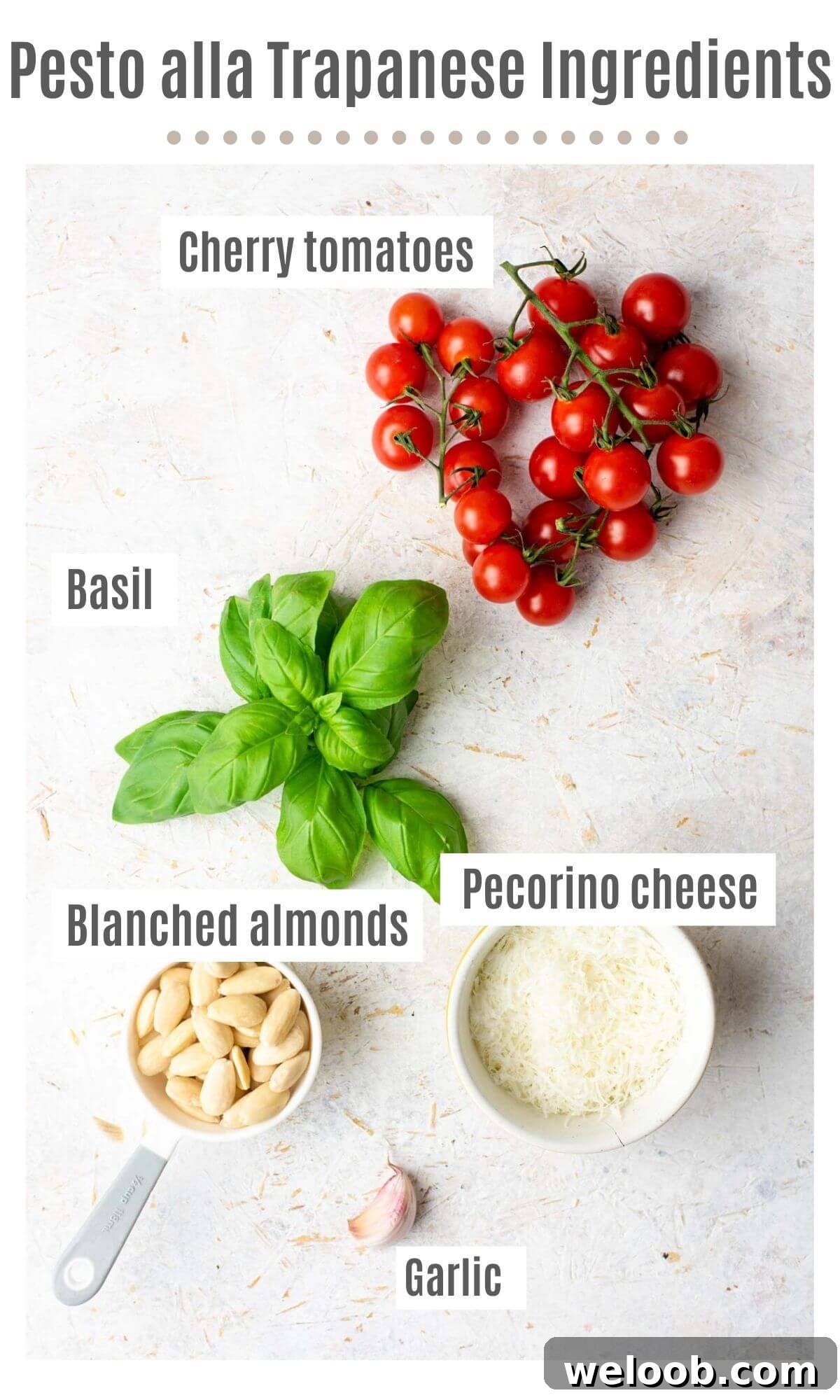 An overhead shot of all the ingredients you need to make pesto alla trapanese