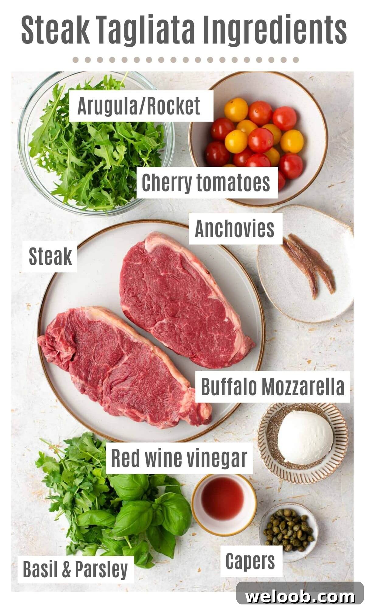 An overhead of all the ingredients you need to make steak tagliata