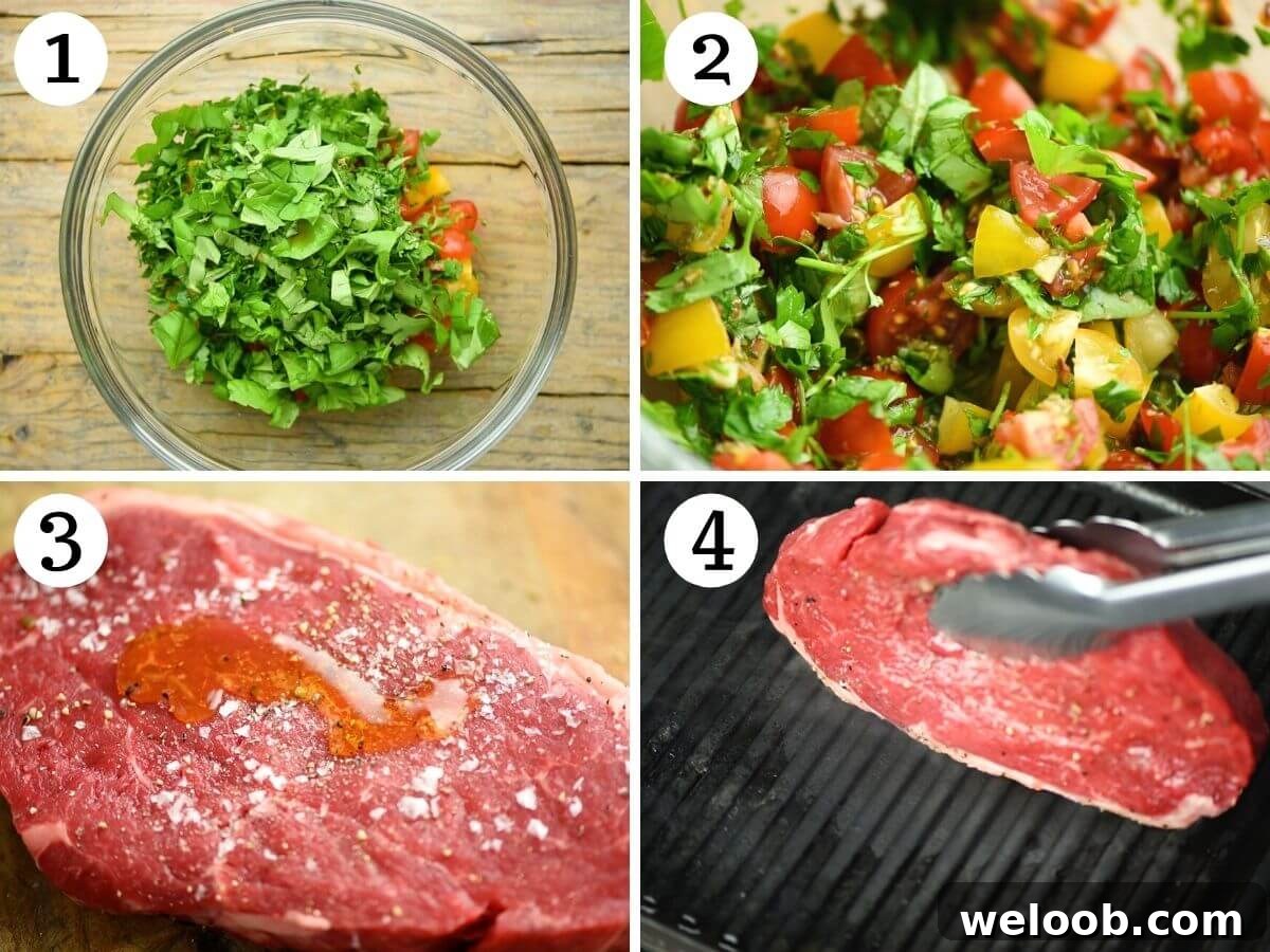 Step by step photos showing how to make tomato salad and prepare steak