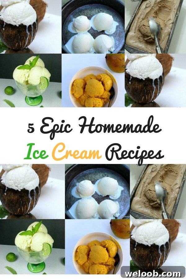 Ice cream collage with text "5 Epic Homemade Ice Cream Recipes."