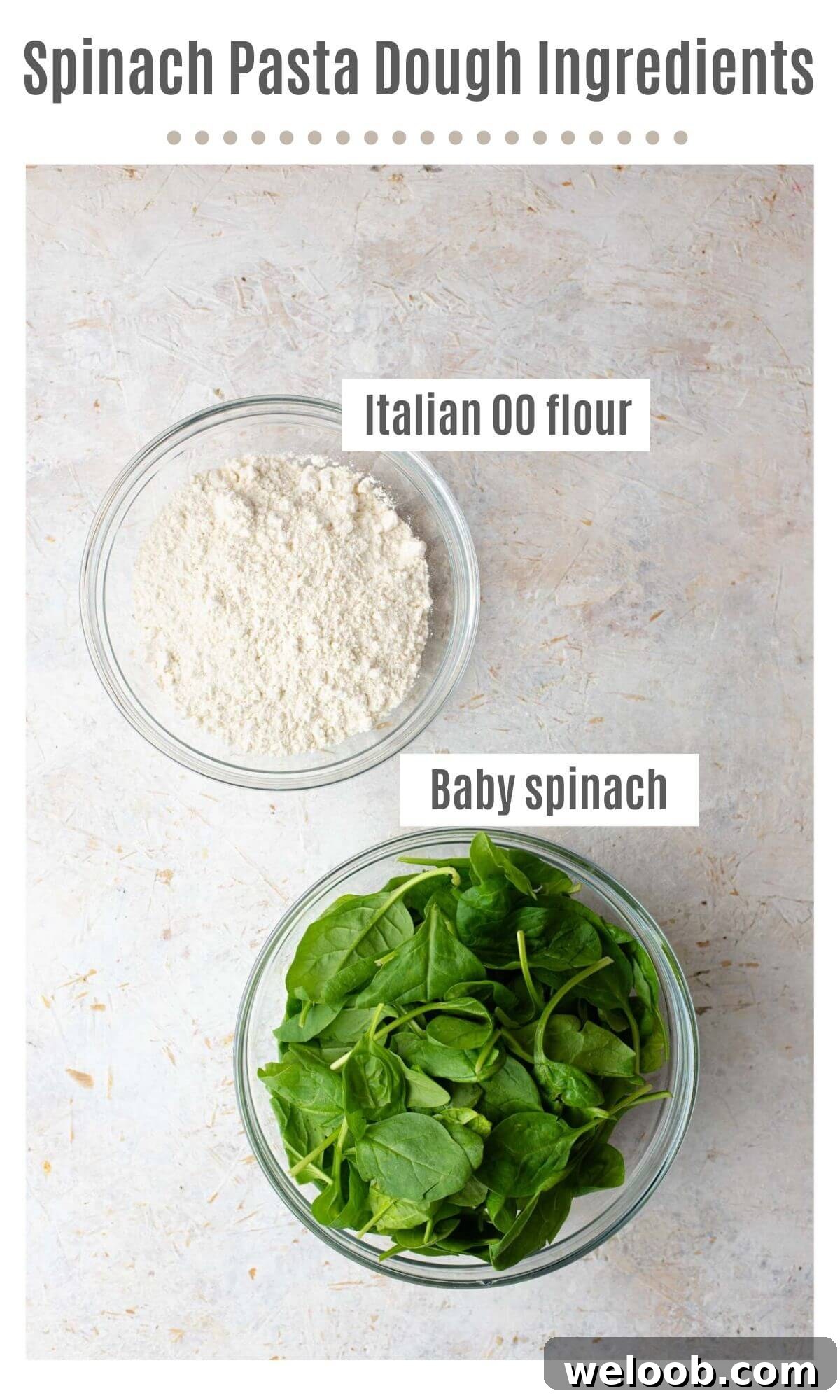 An overhead shot of all the ingredients you need to make spinach pasta dough