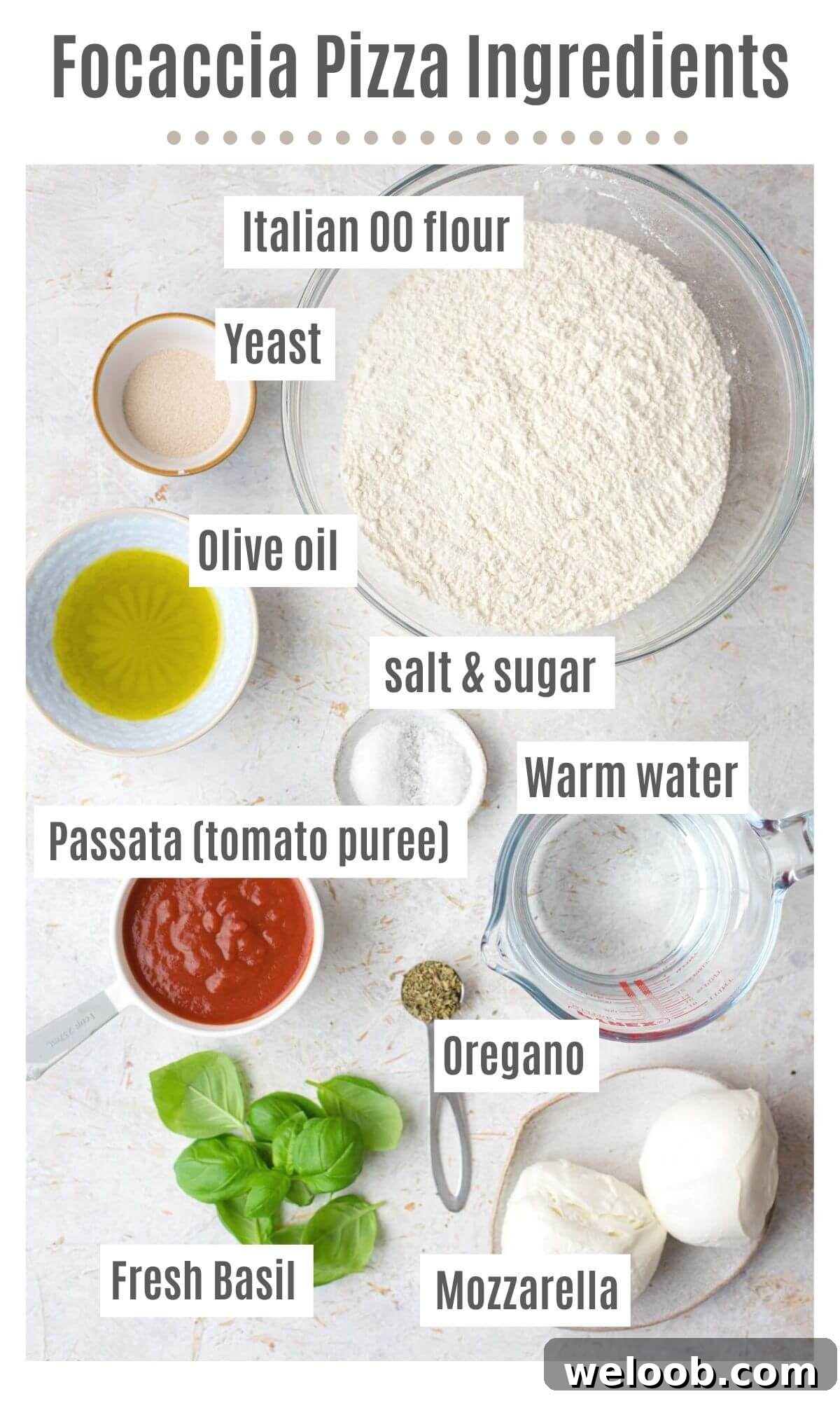 An overhead shot of all the ingredients you need to make focaccia pizza