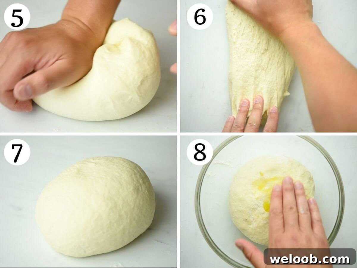 Step by step photos showing how to knead focaccia dough