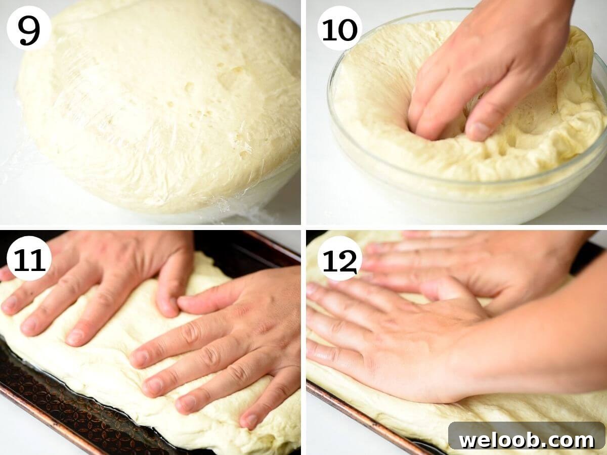 Step by step photos showing how to assemble a focaccia pizza