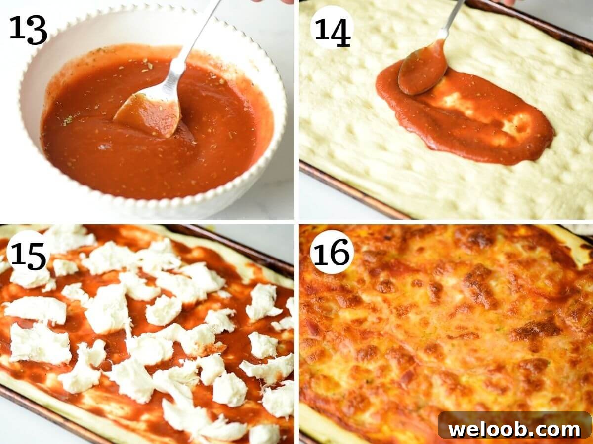 step by step photos showing how to put toppings on a focaccia pizza