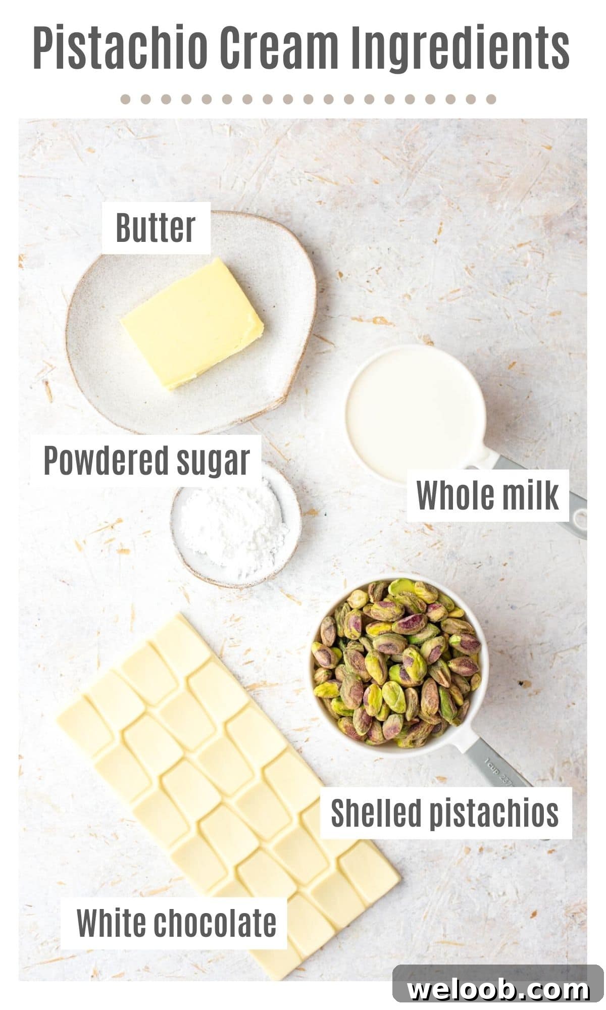 An overhead shot of all the ingredients you need to make Italian Pistachio cream