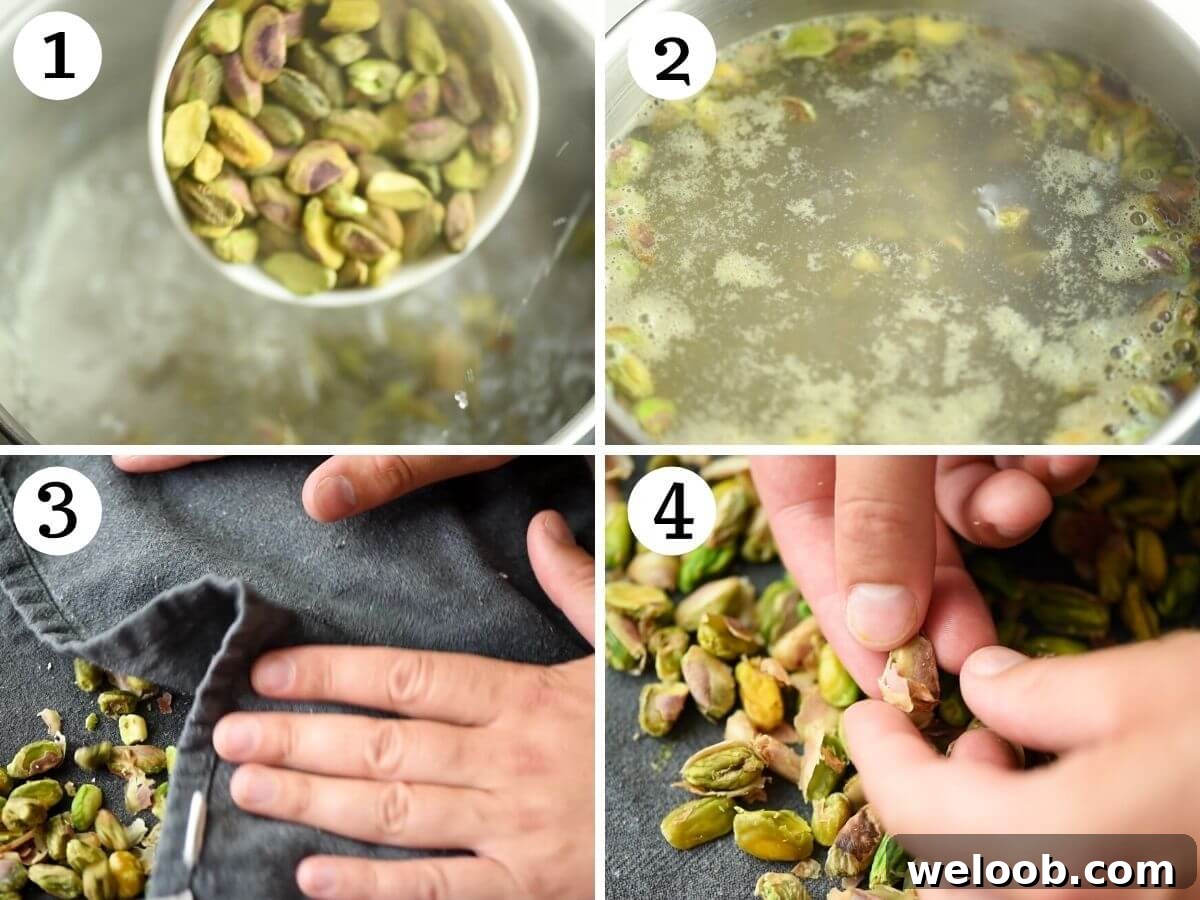 Step by step photos showing how to prepare pistachio and remove the skins