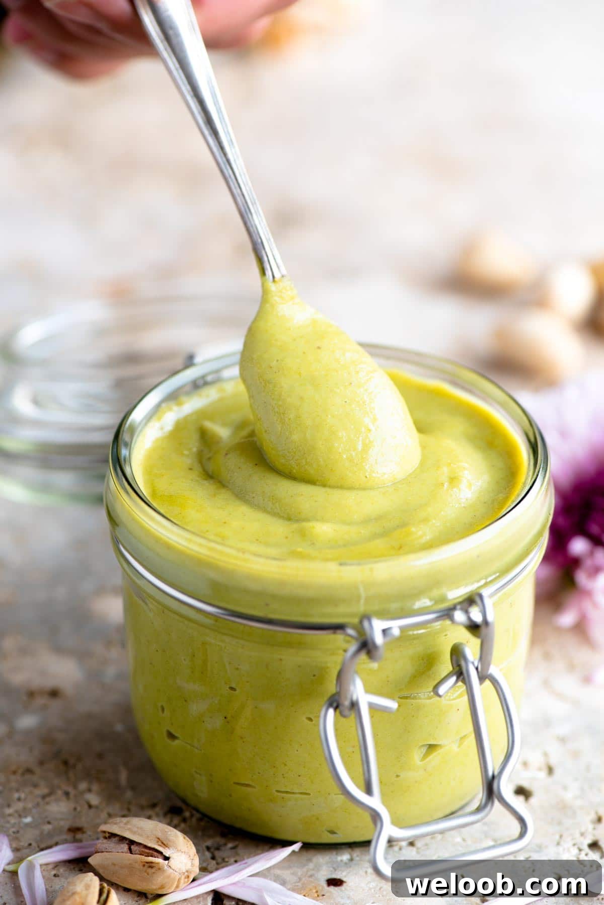 A close up of a spoonful of pistachio cream in a jar