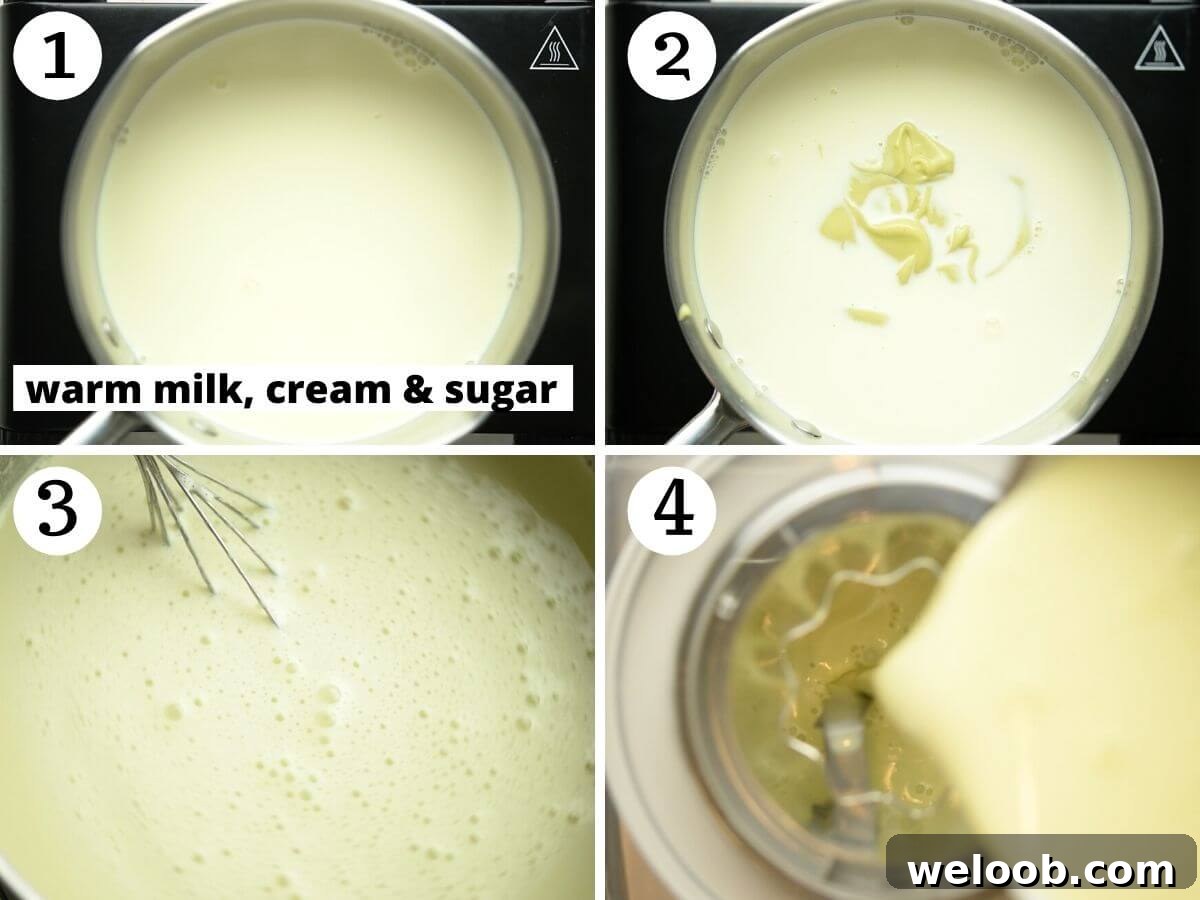 Step by step photos showing how to make pistachio ice cream